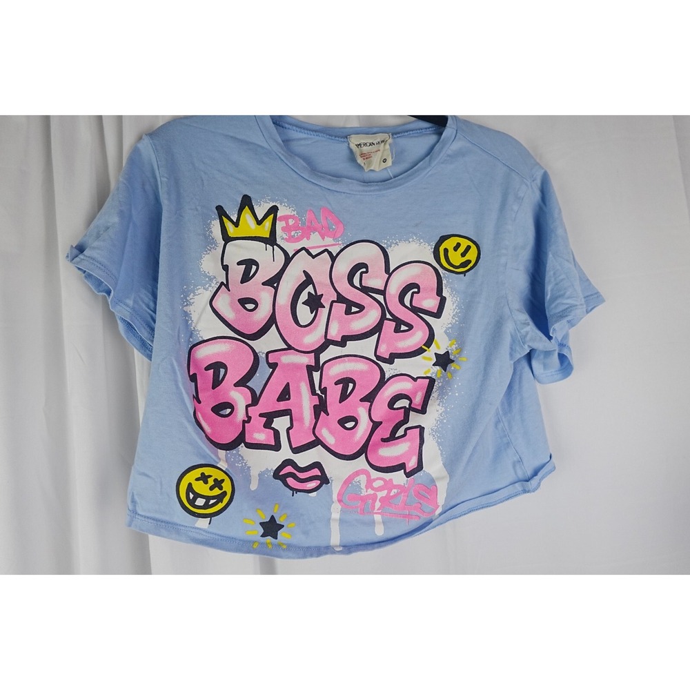 American Rebel Womens Y2K Short Sleeve Cropped Boss‎ Babe Graffiti Blue M 90s